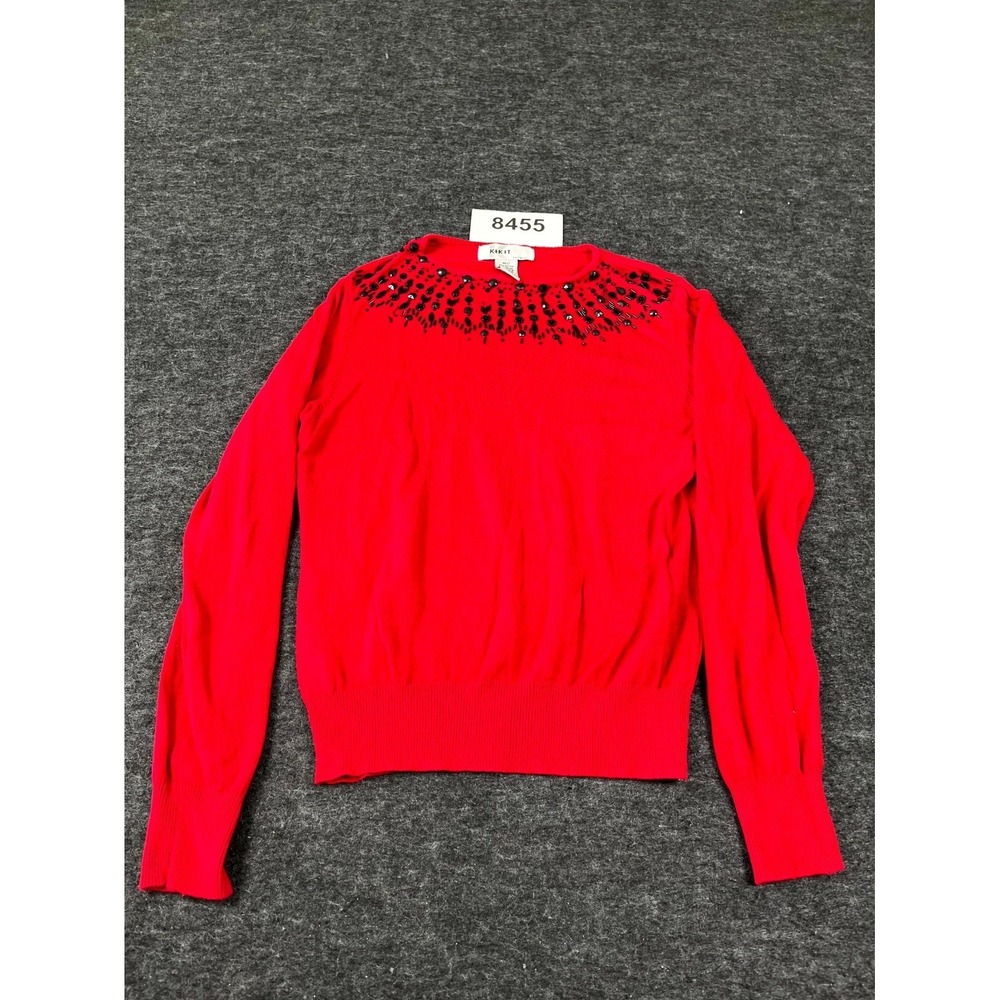 Kikit Knitwear Sweater Womens Medium Red Tight Knit Cotton Beaded Crew‎ Neck